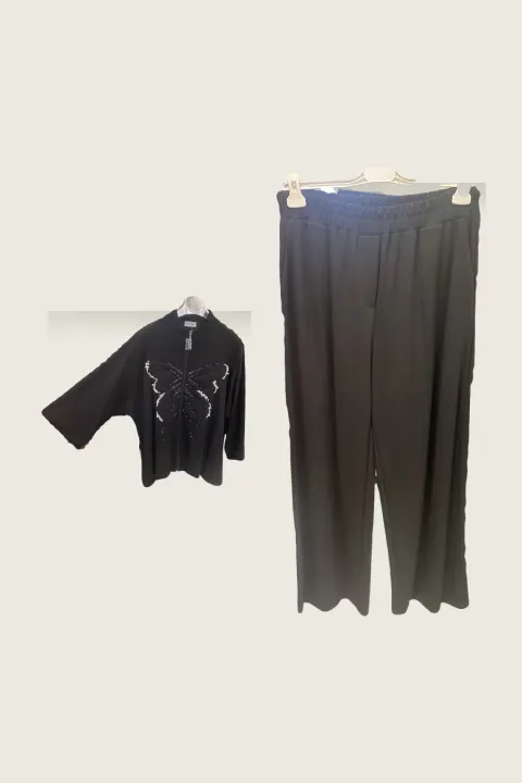 Top and trousers on one model, from two product photos — Product photo